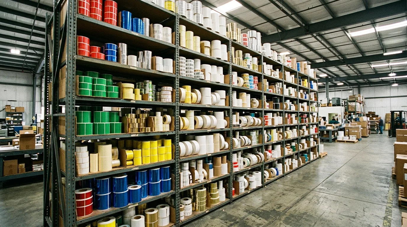 Wall of finished custom label rolls in the CNNLABEL facility