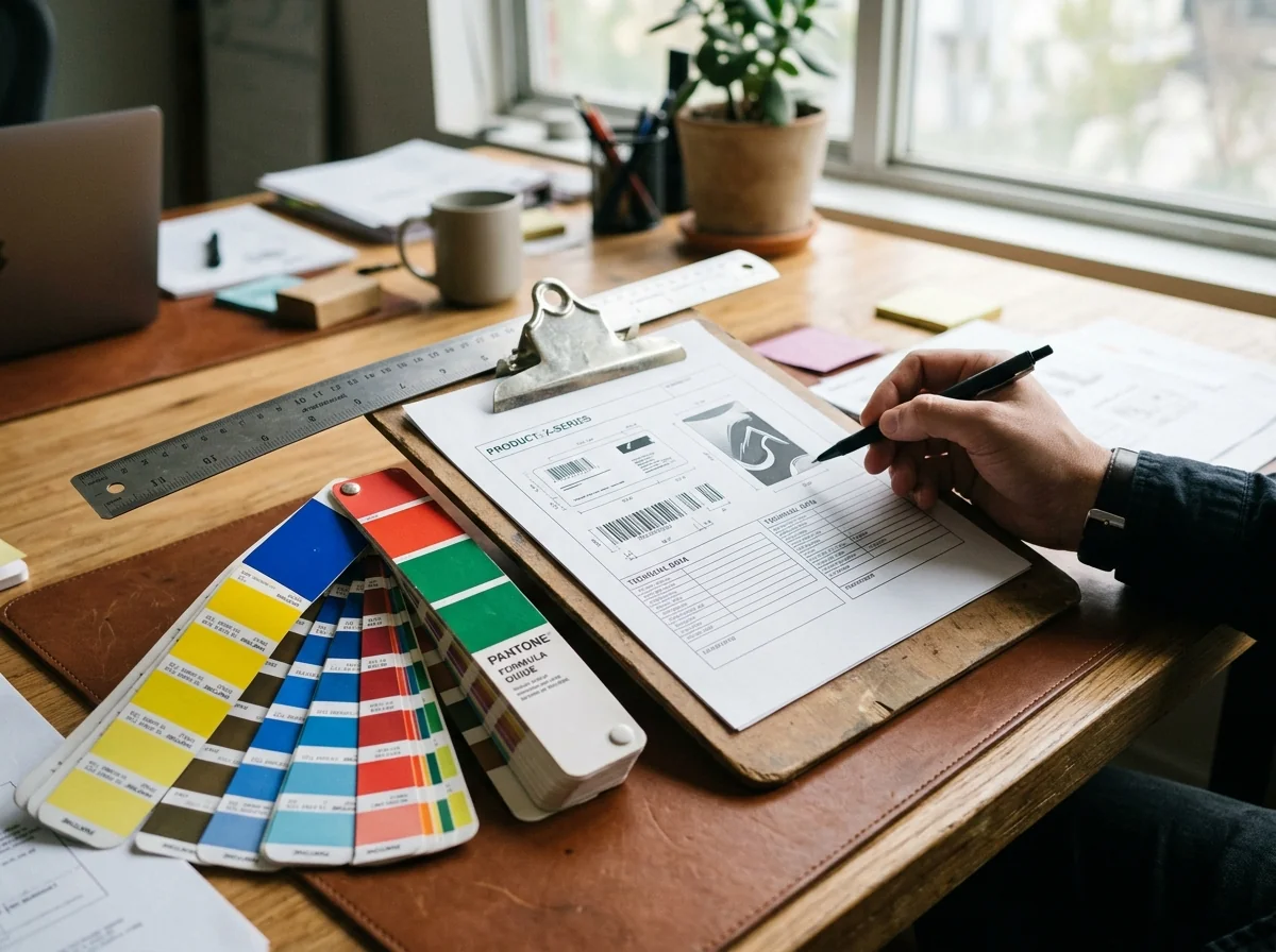 Label project specification record on a desk