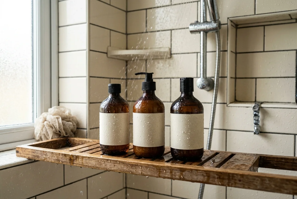 Durable BOPP labels on bathroom and shower cosmetic products