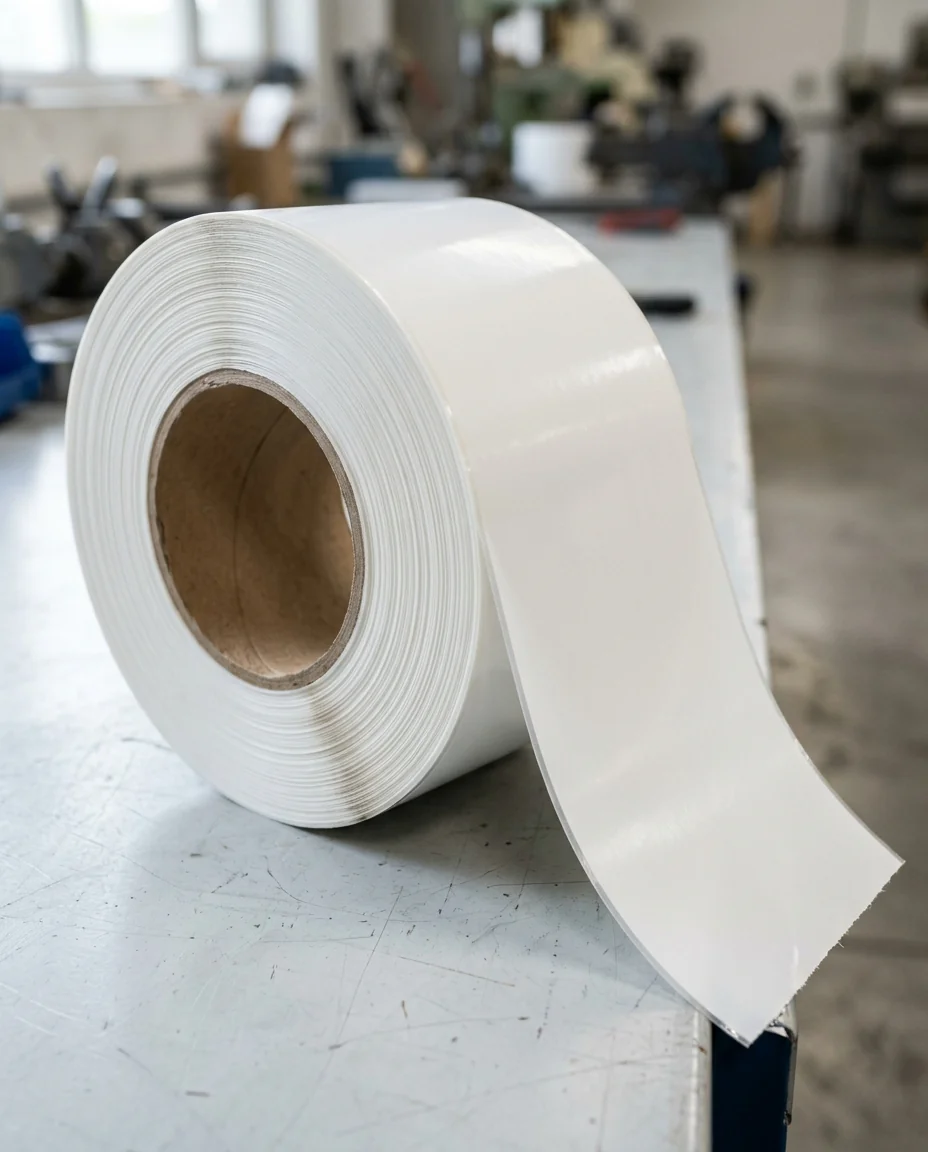 Close-up of white and clear BOPP film label stock on a roll