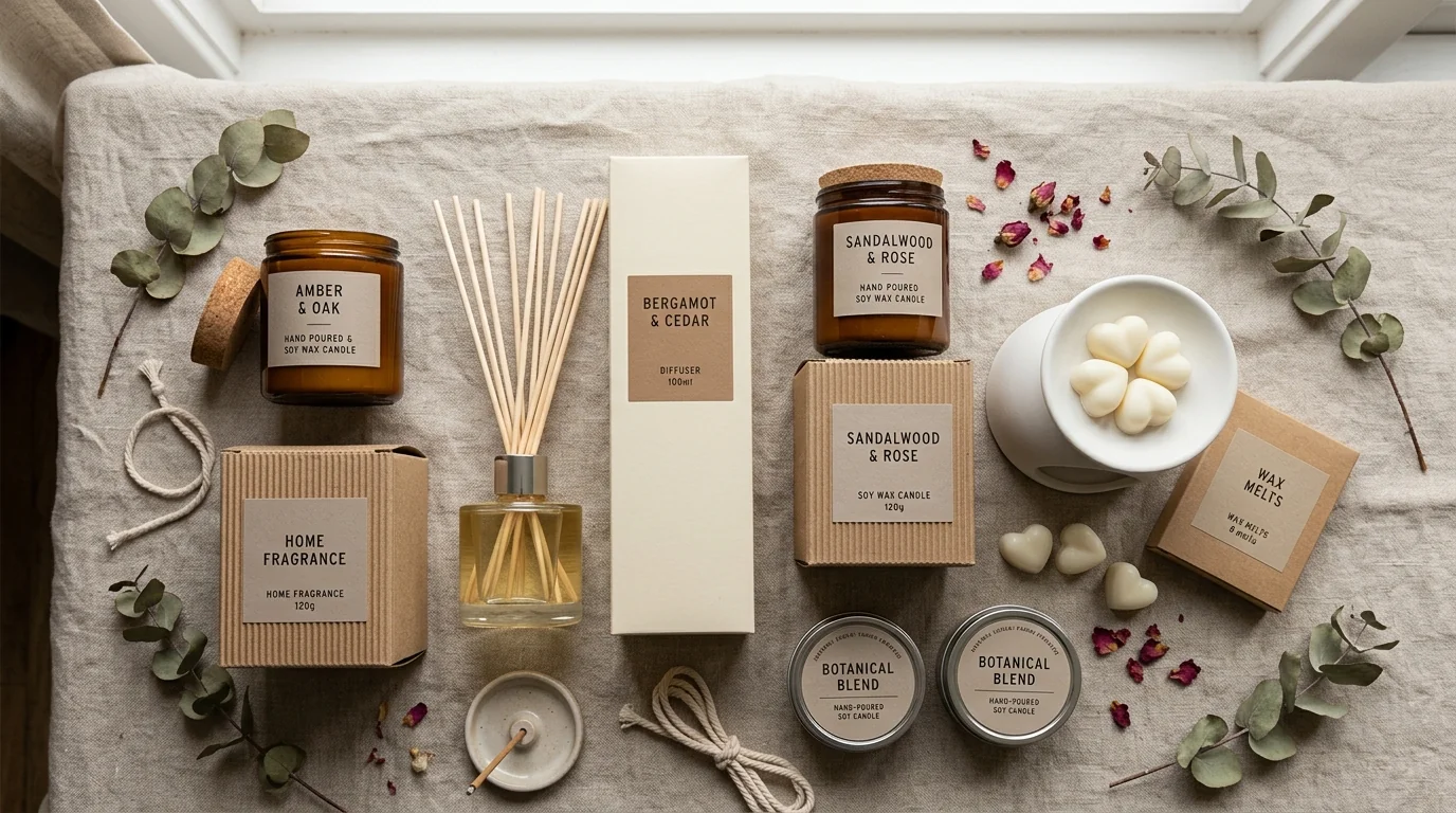 Styled display of candles, diffusers and home-fragrance packaging