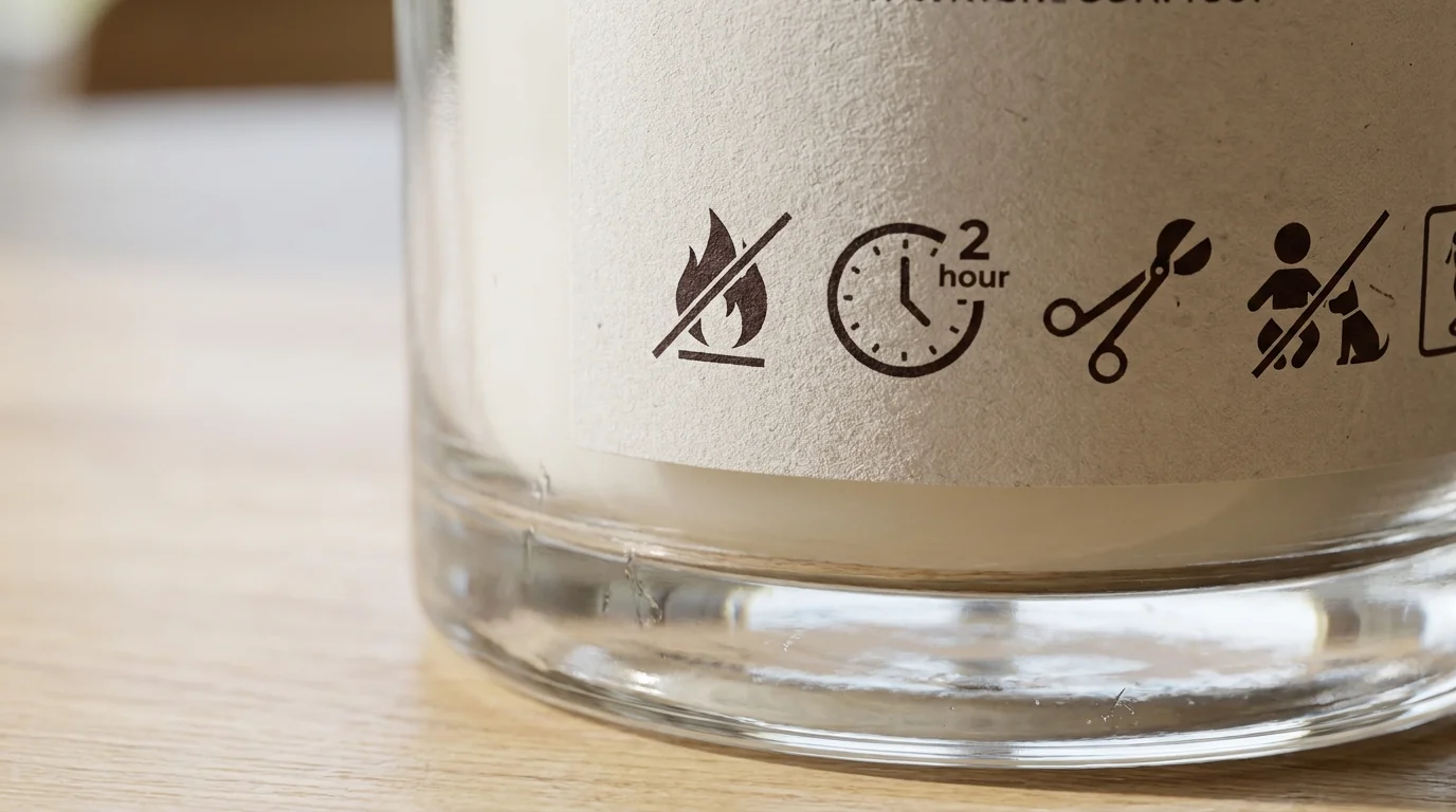 Custom safety and burn-instruction label on the bottom of a candle jar