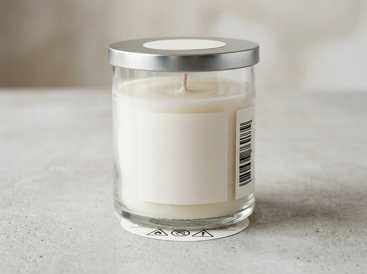 Glass candle jar showing front, bottom, safety, lid and barcode label zones