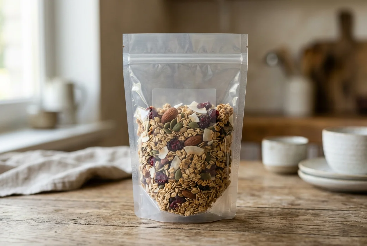Clear labels on see-through transparent pouches