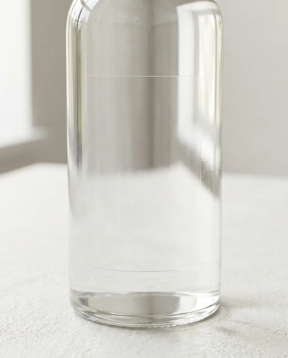 A clear glass bottle with a transparent no-label-look label on a light studio surface