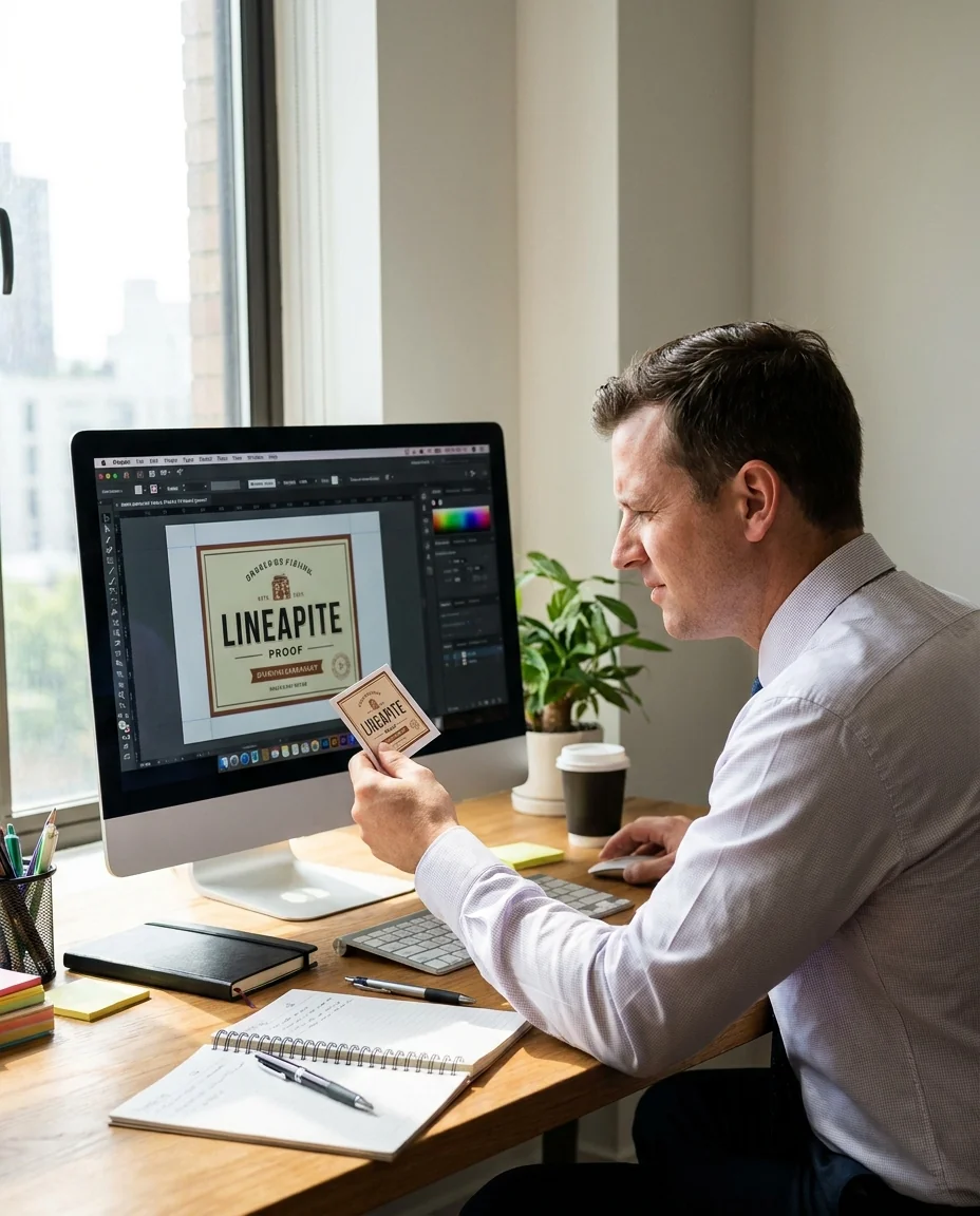 A sales specialist reviewing custom label artwork and a printed label sample at a desk