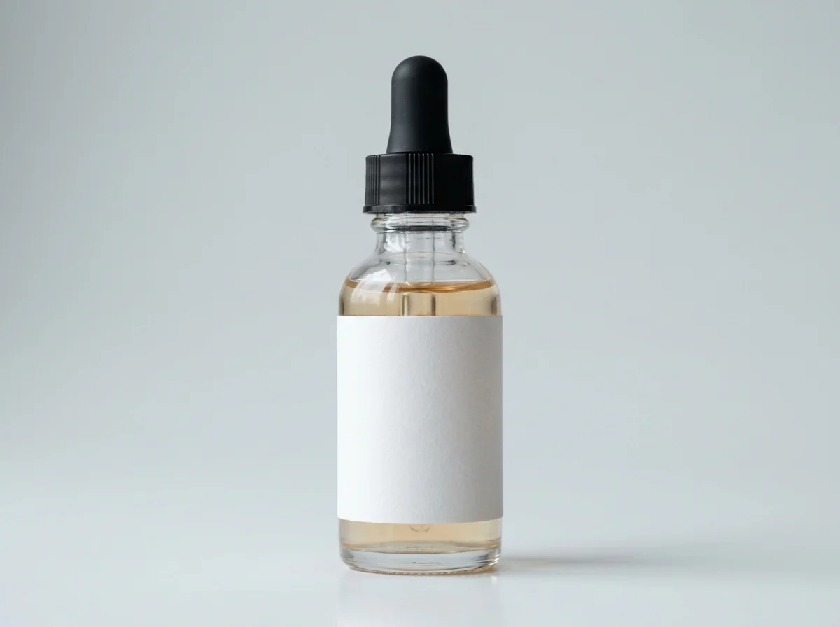 Serum bottle with a conventional white-paper label