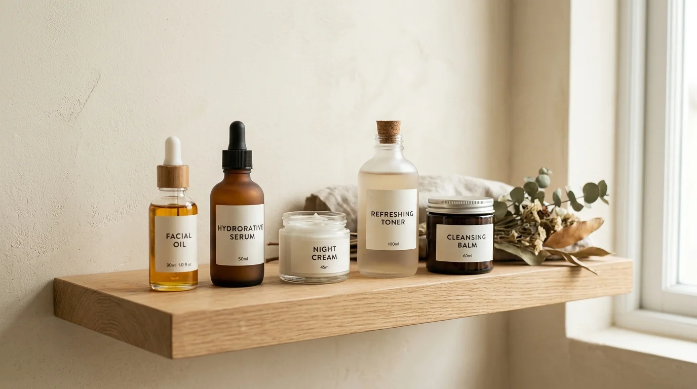 Premium cosmetic and skincare products on a clean shelf