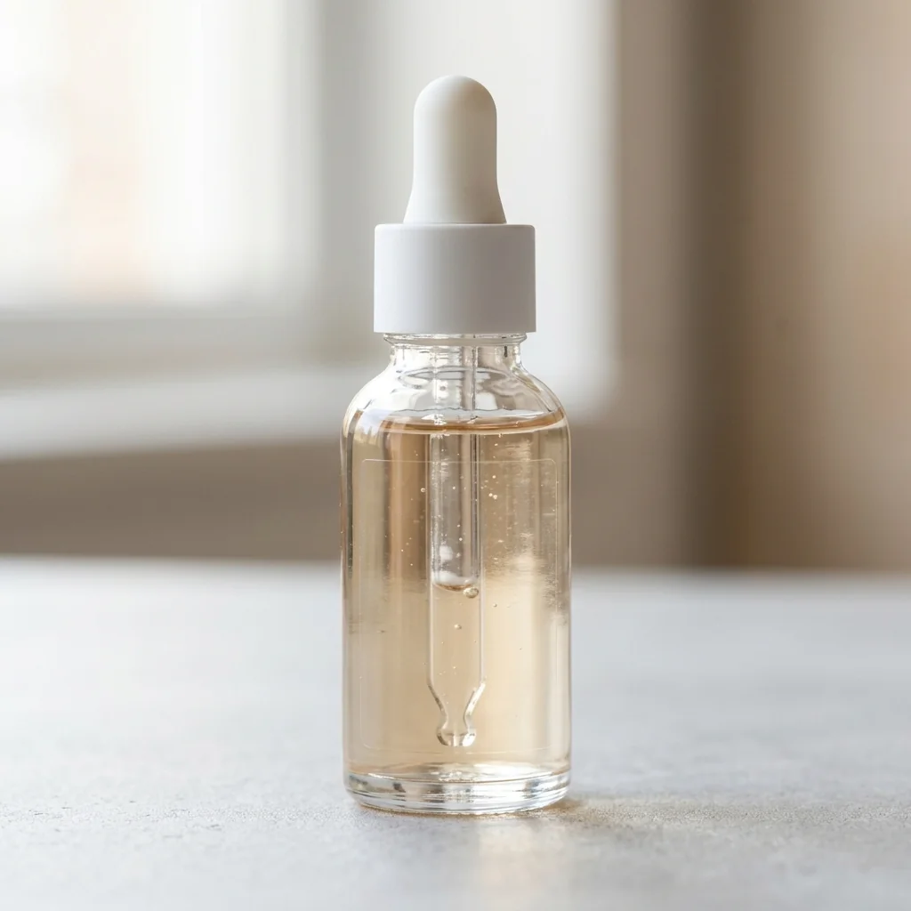 Clear no-label-look label on a glass serum bottle