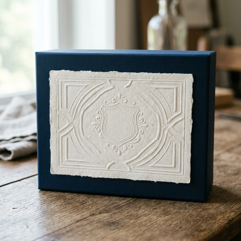 Embossed logo label on a premium beauty box