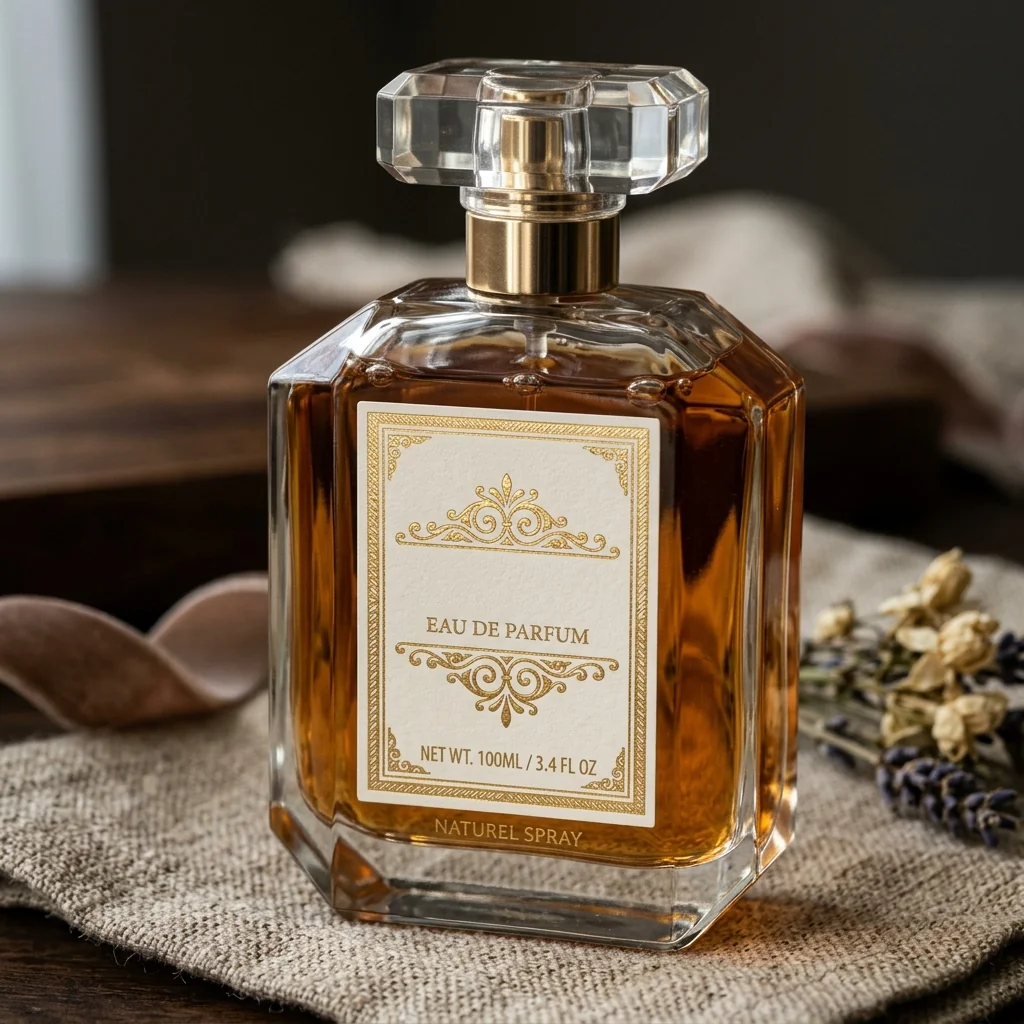 Gold foil label on a luxury fragrance bottle