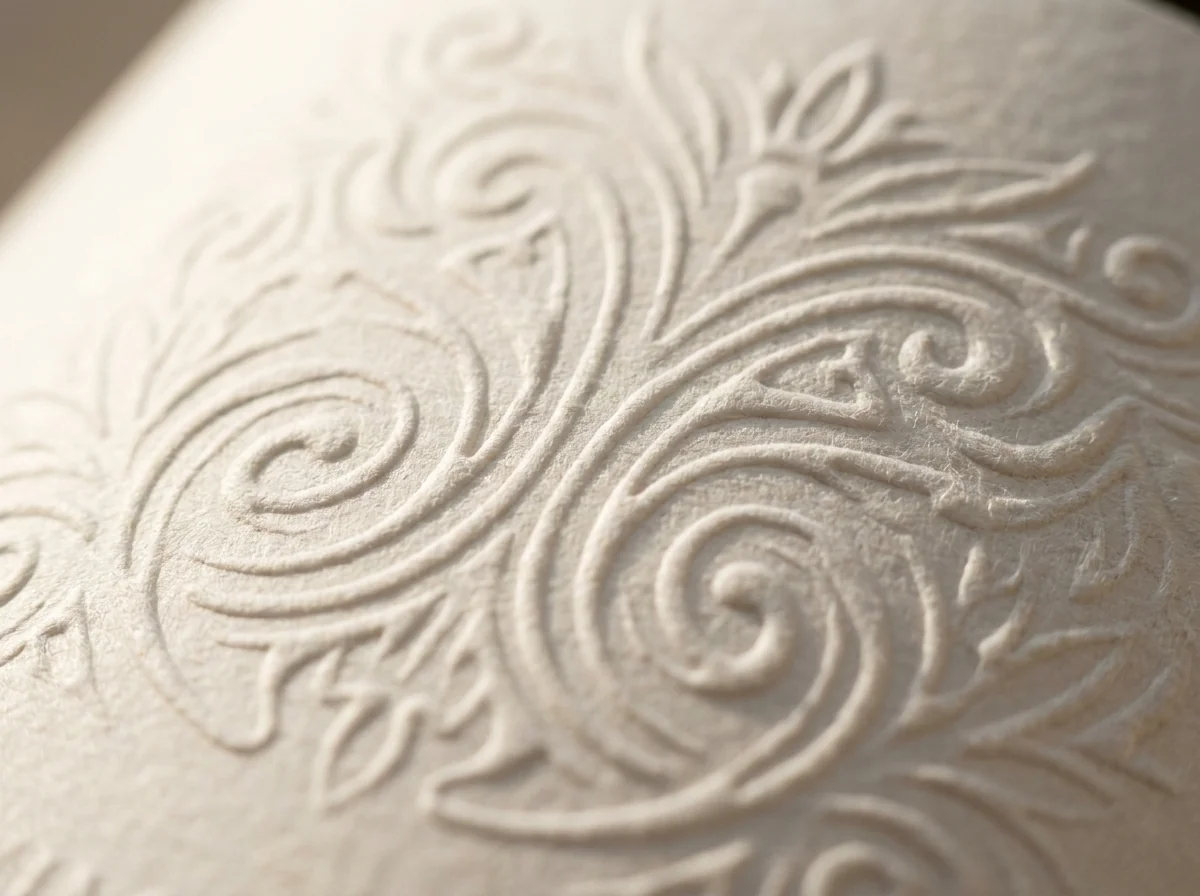 A raised embossed detail on a paper label