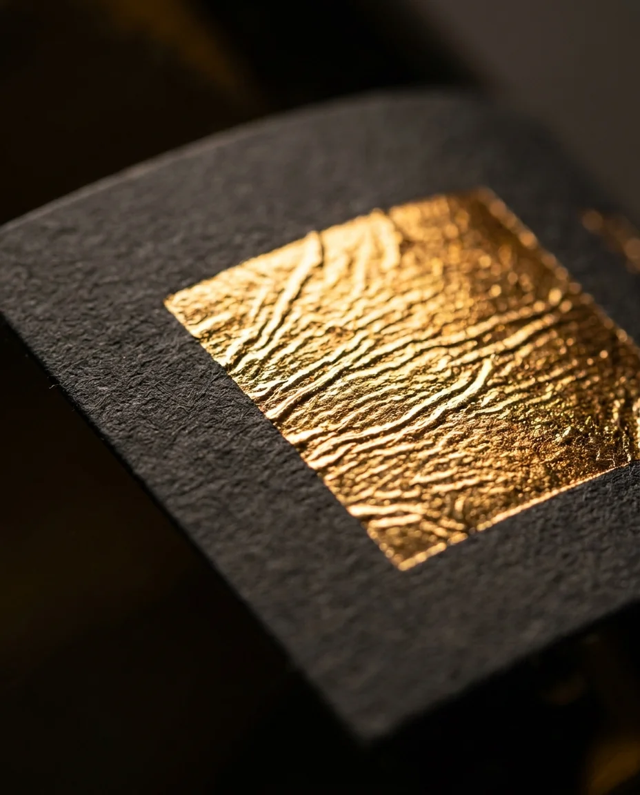 A close-up of a foil-stamped label with a gold metallic accent catching the light