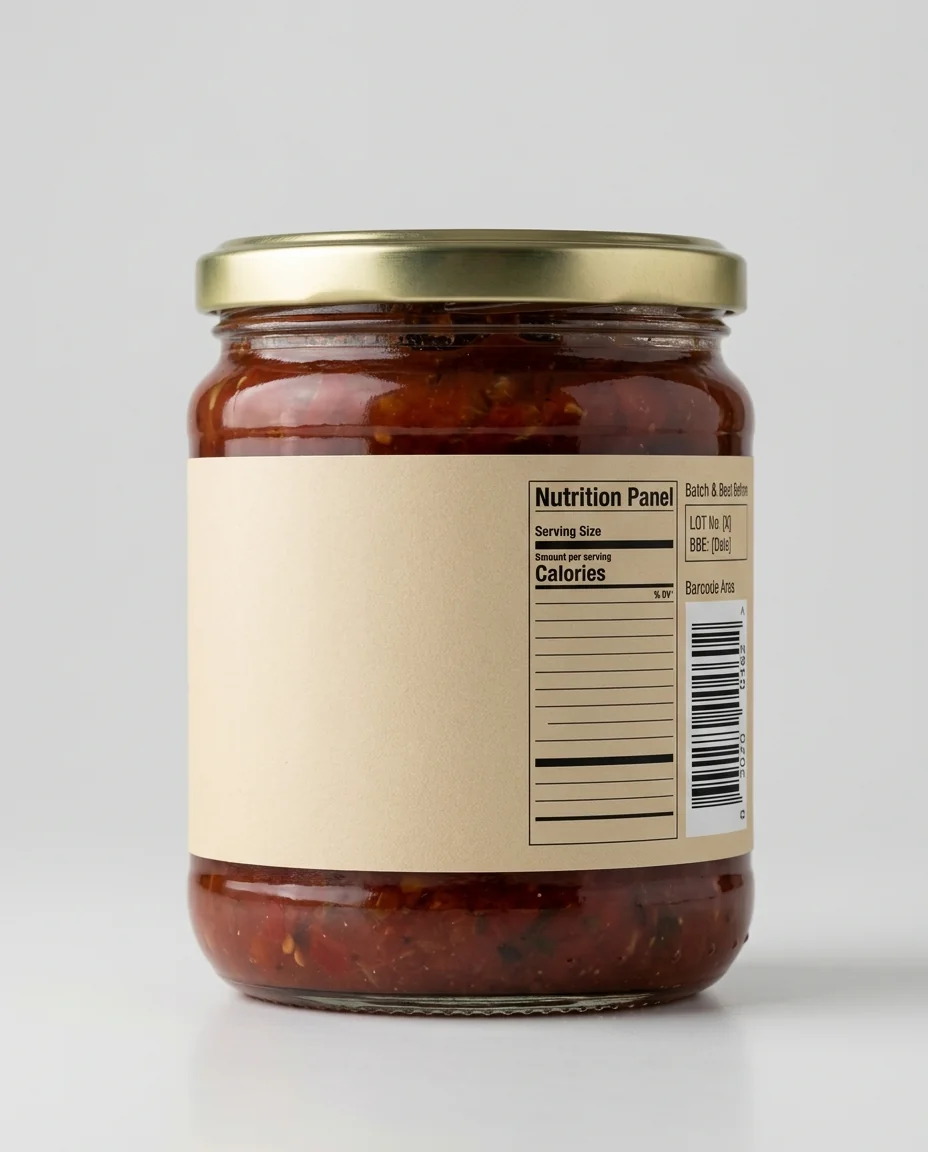 Food packaging showing front, back, nutrition, barcode and batch label zones