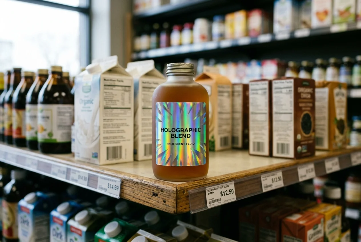 Shelf-standout holographic labels on retail product packaging