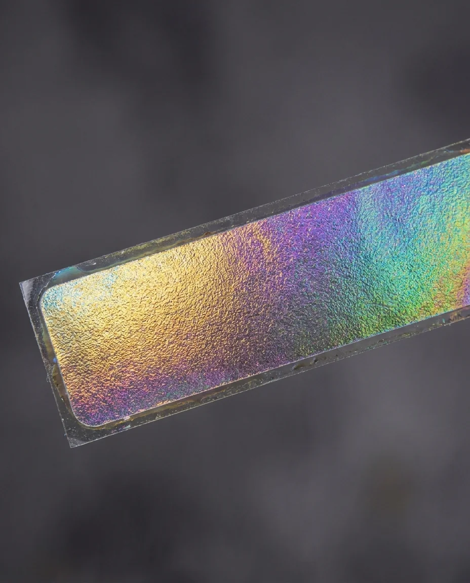 A close-up of a rainbow holographic label shifting color in the light