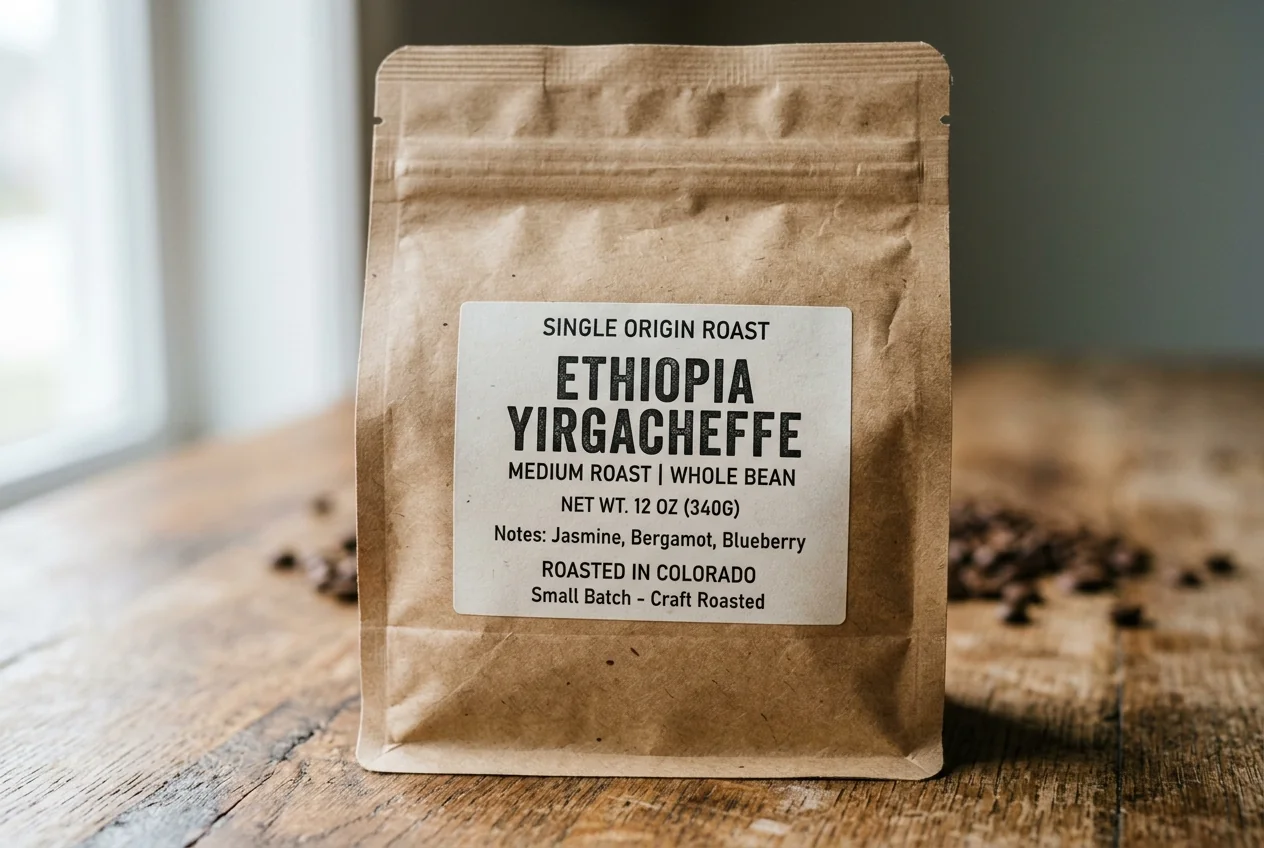 Kraft and paper labels on coffee and tea bags and tins