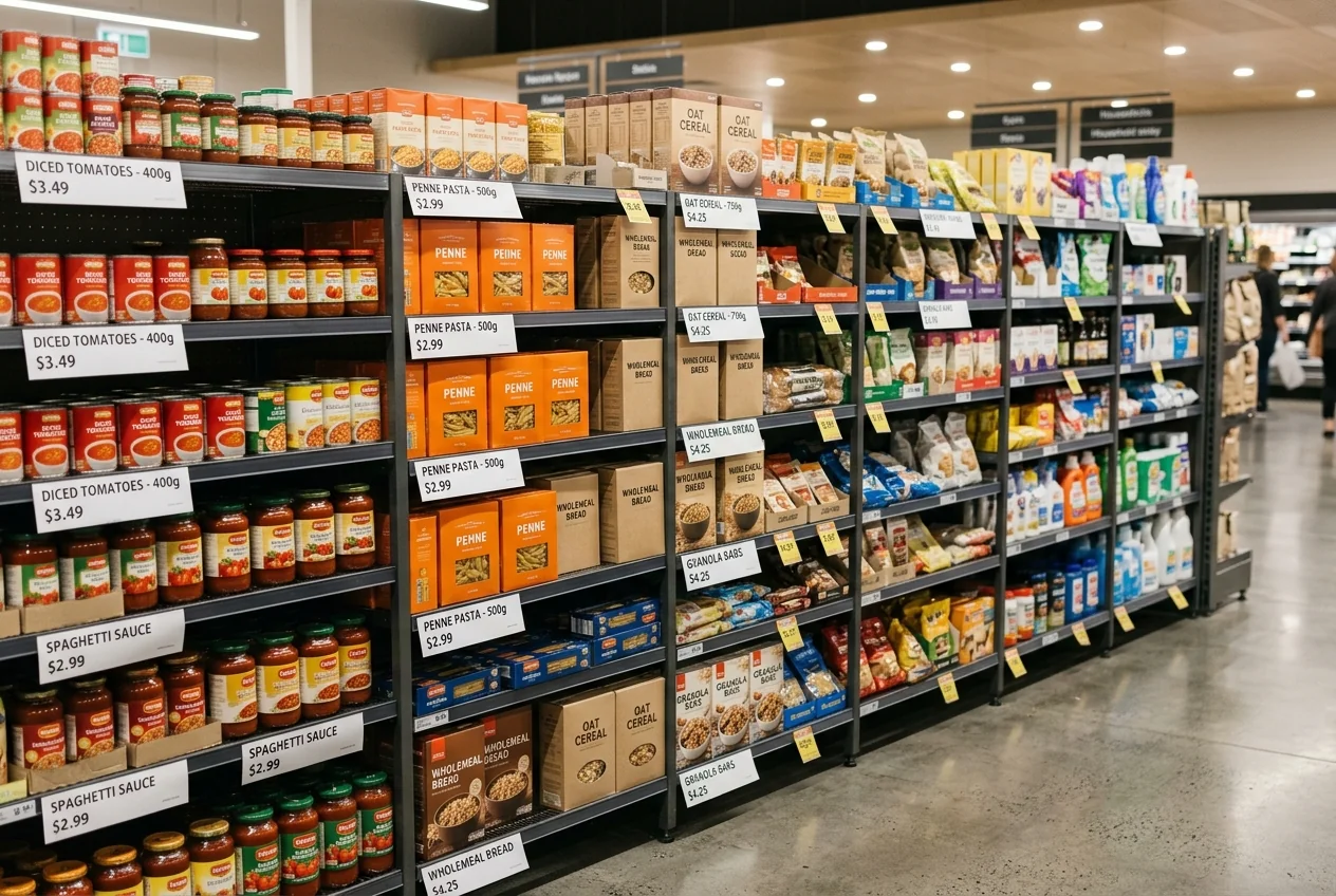 Paper product and price labels on a retail shelf