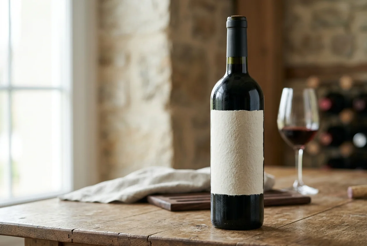Coated and textured paper labels on wine and spirits bottles