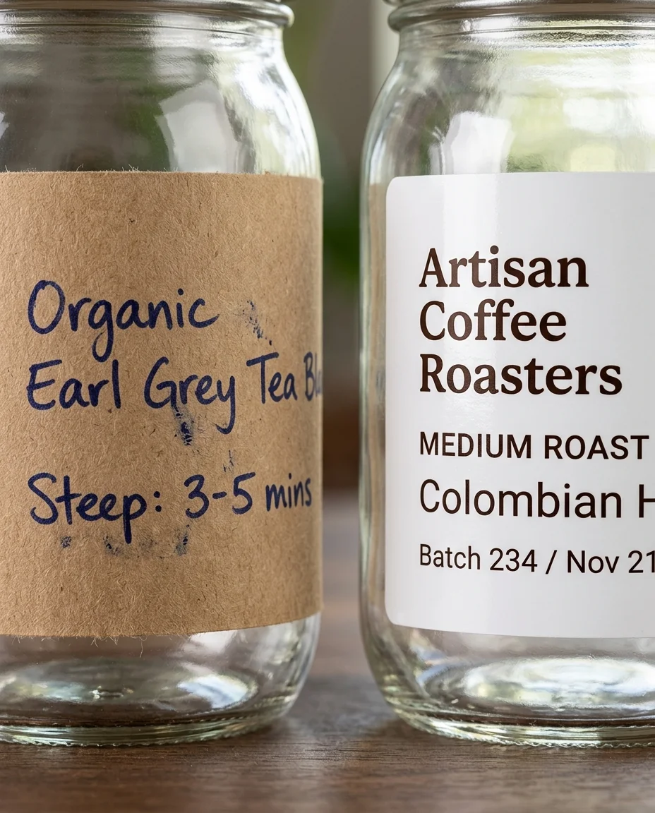 An uncoated kraft label with handwriting beside a glossy coated printed label