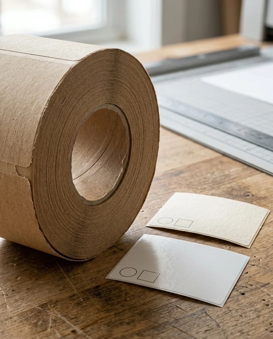 Close-up of coated, uncoated and kraft paper label stock