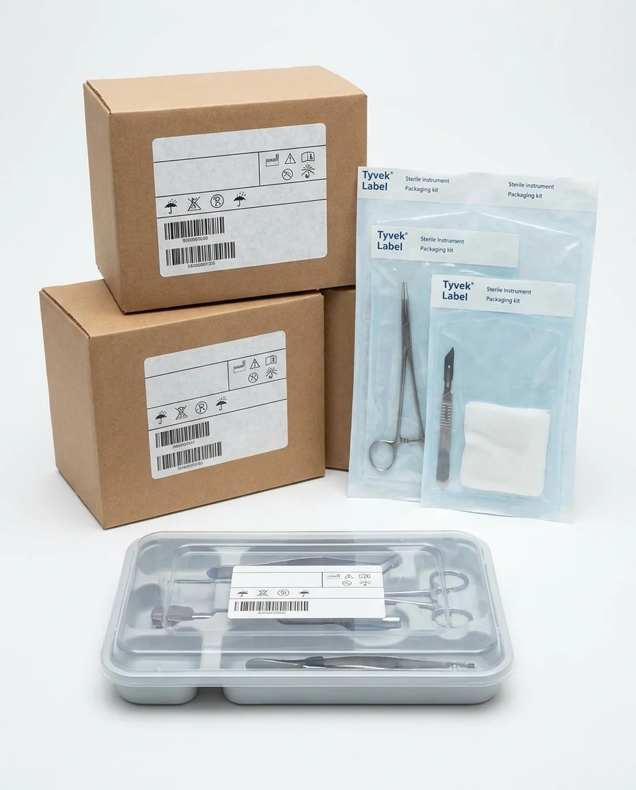Medical device, kit and sterile packaging with durable labels