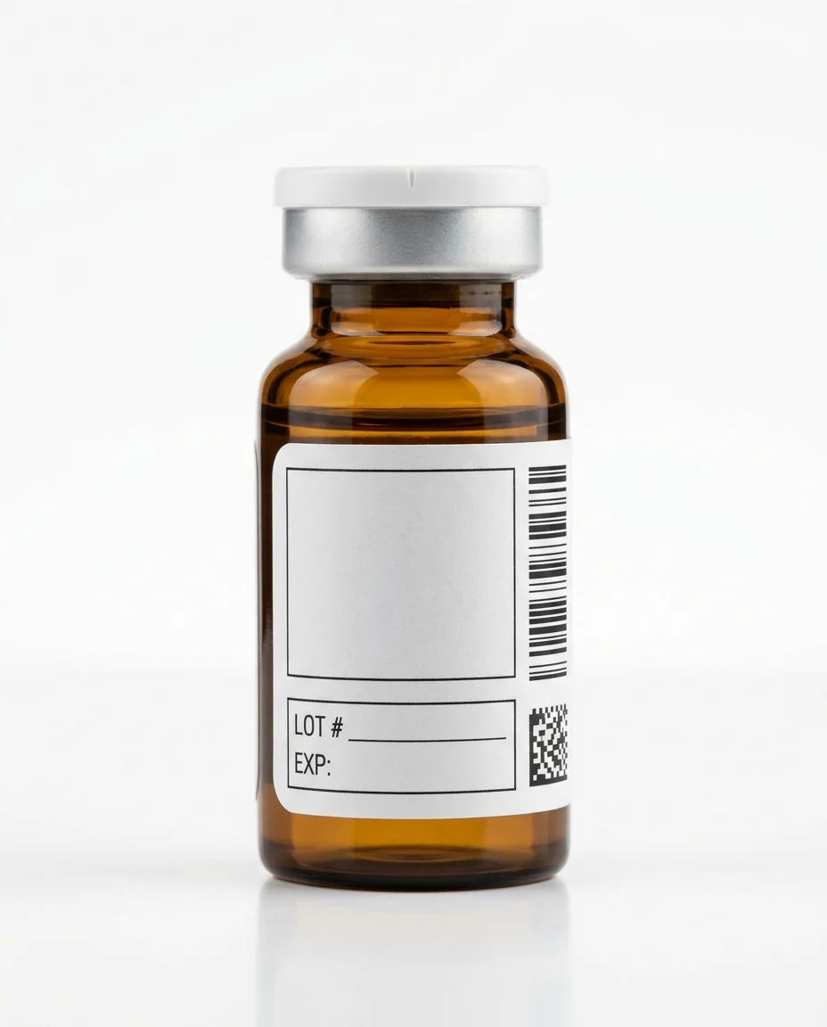 Pharmaceutical vial showing front, lot and expiry, barcode and data-matrix, tamper seal and booklet label zones
