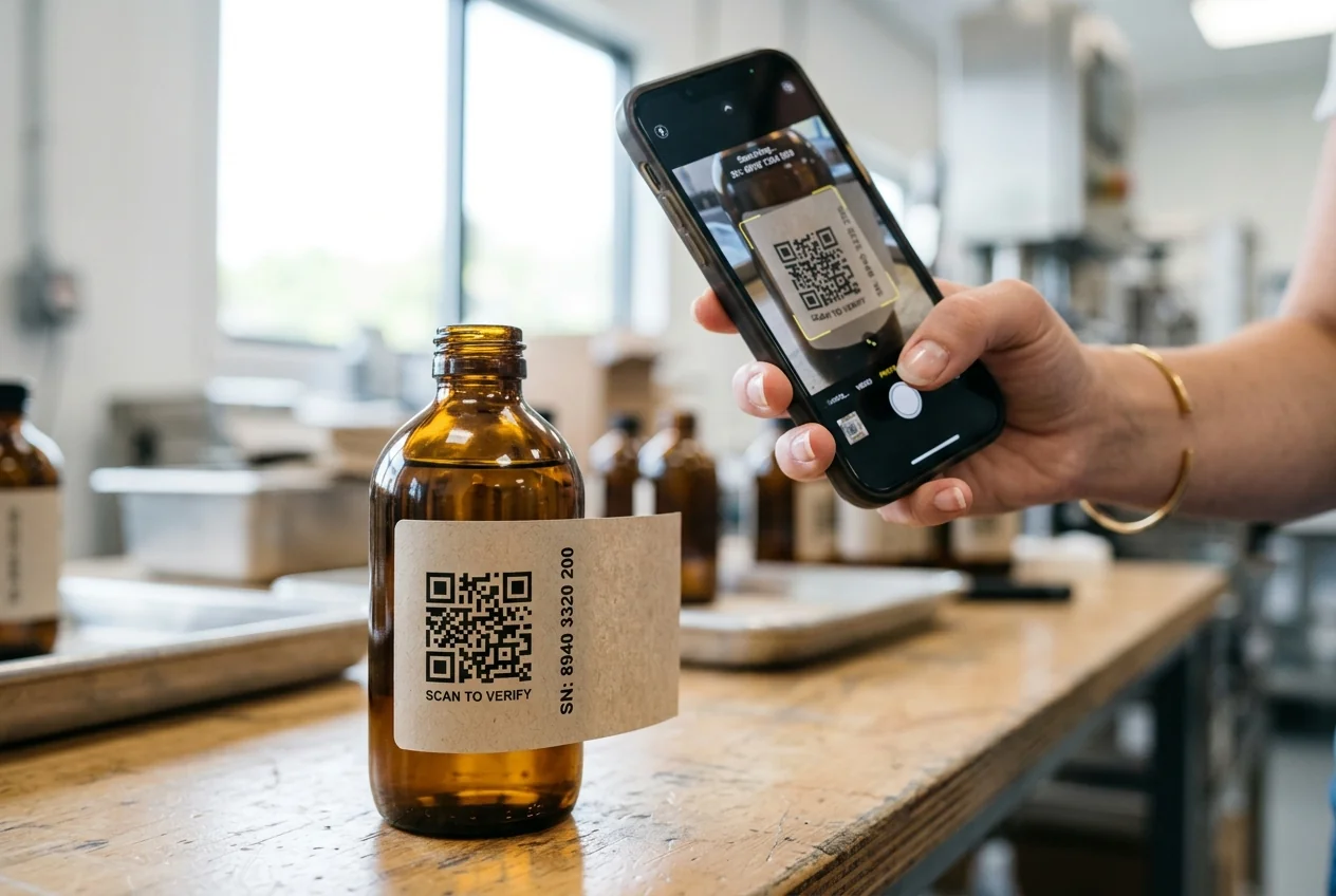 QR authentication labels with serialized codes linking to a verification page